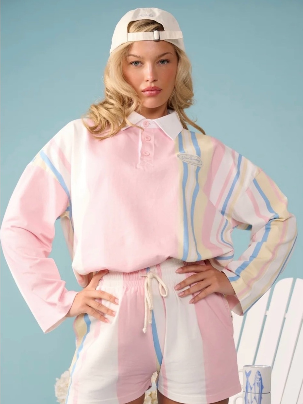 Pastel Pink Striped Rugby Top & Shorts Set - Women's Intimates